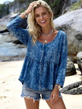 Fascino Womens Top Blouse Button Up Front Long Sleeves Roll Tab Blue Size L